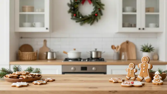 A bright modern kitchen decorated for Christmas with iced gingerbread cookies arranged on a foreground wooden countertop