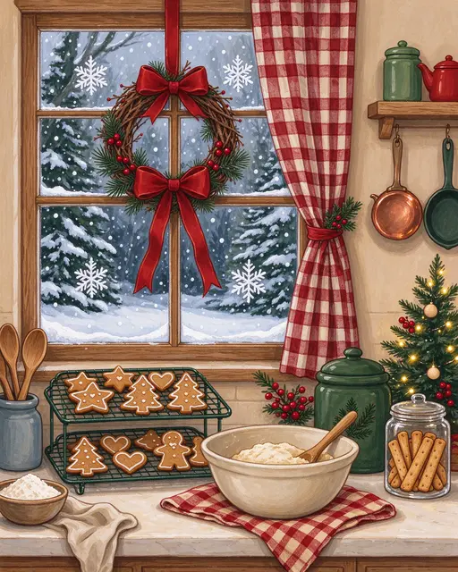 Gouache illustration of a festive holiday kitchen counter with gingerbread cookies, snow falling outside the window