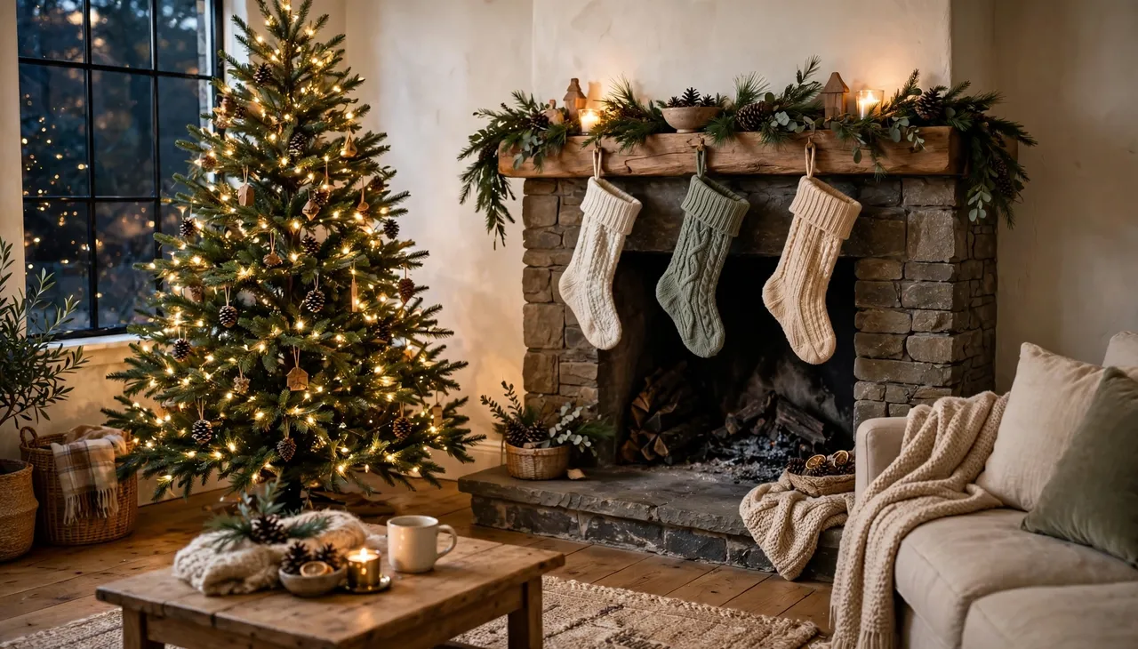 Warmly lit cozy living room with decorated fir Christmas tree, stone fireplace and knit holiday stockings