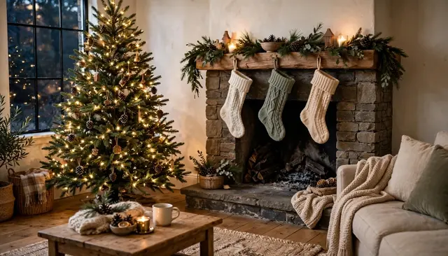 Warmly lit cozy living room with decorated fir Christmas tree, stone fireplace and knit holiday stockings