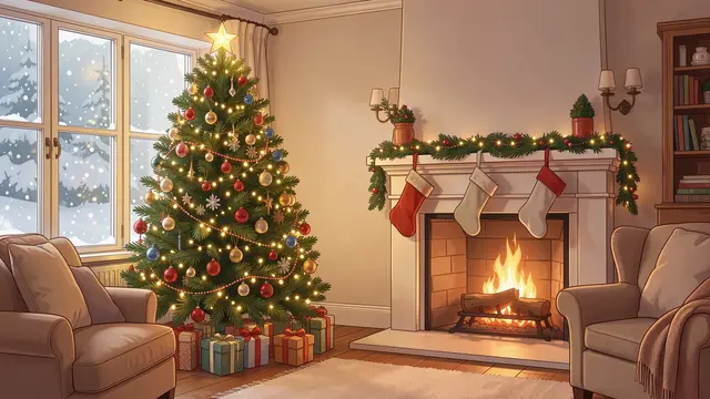 Warm illustrated Christmas living room with glowing tree, lit fireplace, and snow falling outside the window