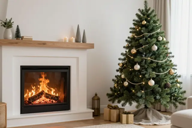 A bright cozy living room features a lit fireplace next to a decorated Christmas tree with wrapped gifts underneath.