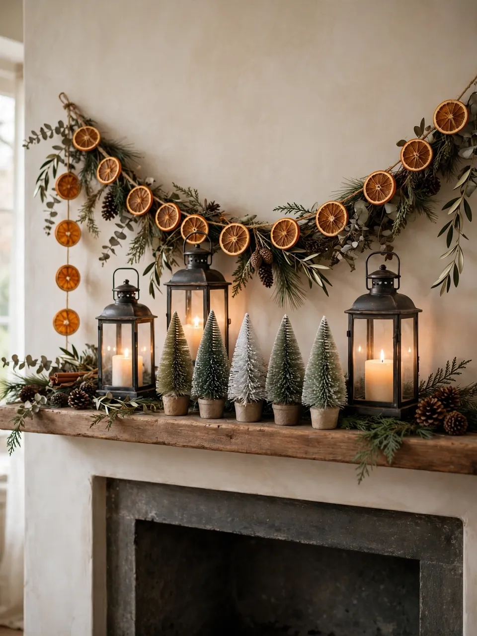 A rustic Christmas fireplace mantel styled with a dried orange garland, lit lanterns, and mini bottlebrush trees