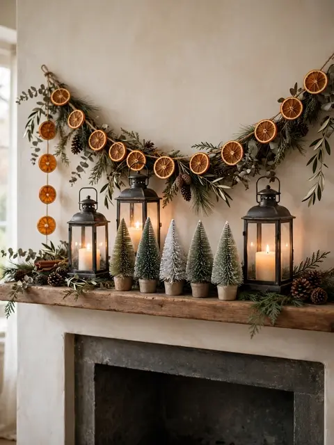 A rustic Christmas fireplace mantel styled with a dried orange garland, lit lanterns, and mini bottlebrush trees