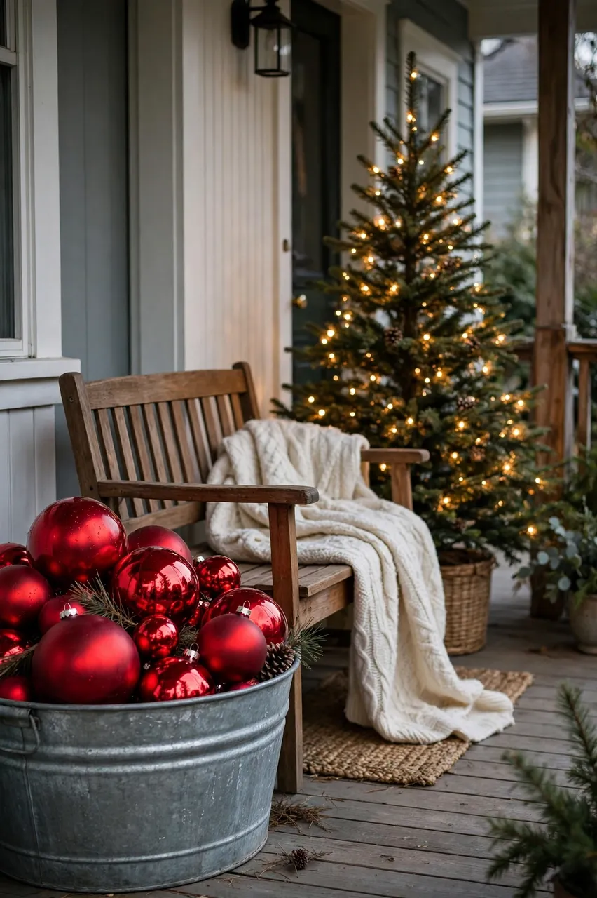 Festive decorated front porch with red ornaments, lit Christmas tree and draped knit blanket on a wooden bench