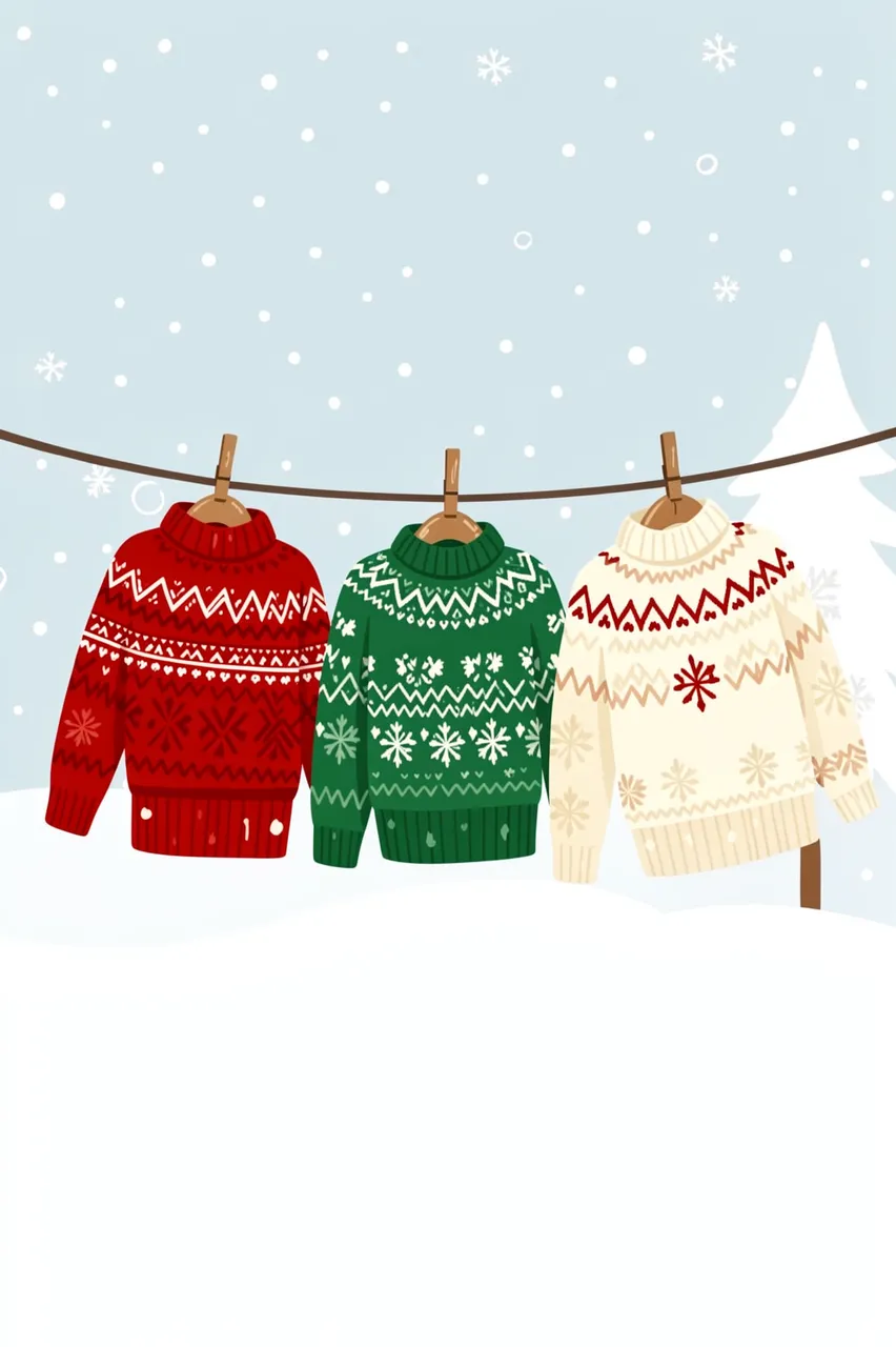 Three fair isle knit sweaters hang on a clothesline against a snowy falling-sky background for Christmas.