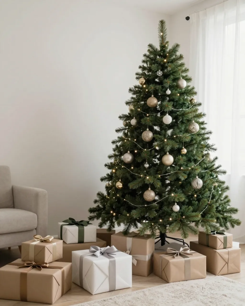 Decorated Christmas tree with baubles and fairy lights stands next to wrapped gifts in a bright living room