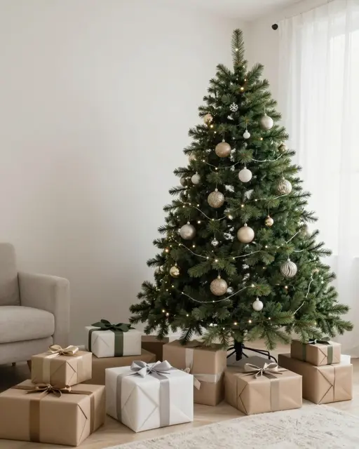 Decorated Christmas tree with baubles and fairy lights stands next to wrapped gifts in a bright living room