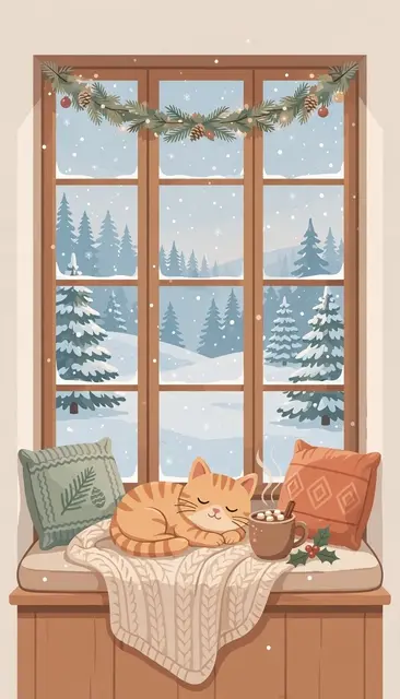 A sleeping tabby cat rests on a knit blanket atop a window seat beside a steaming cocoa mug, with falling snow and pine