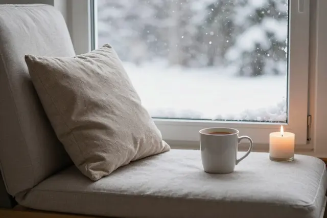 Cushioned window seat with hot cocoa and a lit candle overlooks falling snow outside