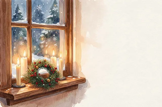 Lit candles and a small evergreen wreath sit on a wooden windowsill with falling snow visible outside, with empty copy space