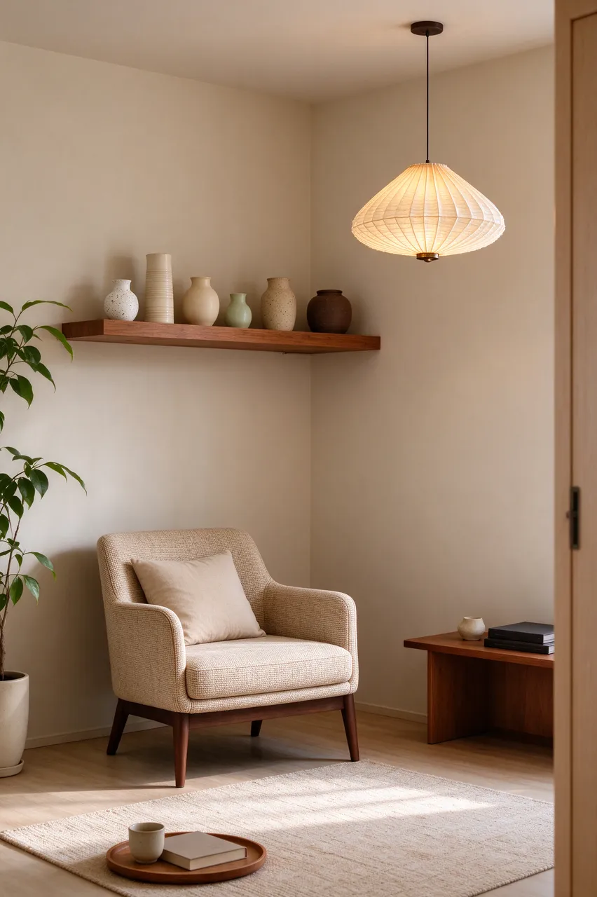 Sunlit minimalist living room corner with an armchair, floating ceramic shelf and pleated pendant lamp