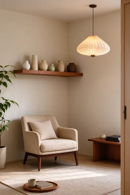Sunlit minimalist living room corner with an armchair, floating ceramic shelf and pleated pendant lamp