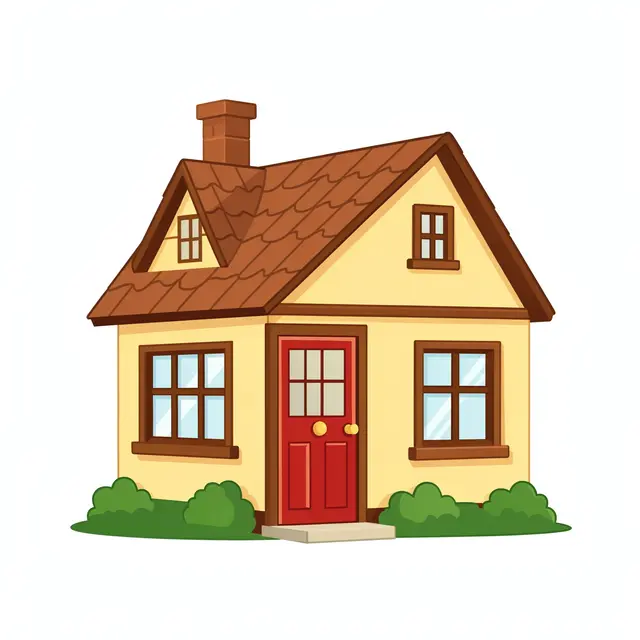 Flat cartoon illustration of a small cozy cottage with a red door and brick chimney isolated on white