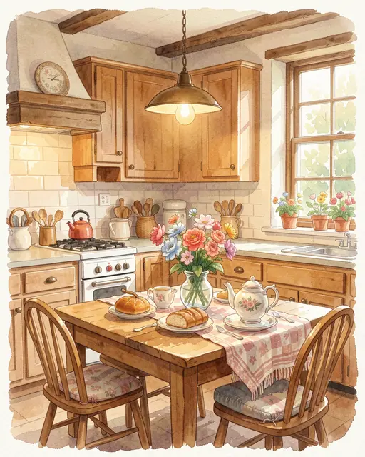 Watercolor illustration of a sunlit cottage kitchen table set for Mother's Day breakfast with flowers and a teapot