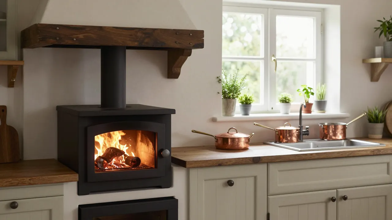 Sunlit cottage kitchen with a lit wood-fired stove, copper cookware, and potted herbs on the windowsill