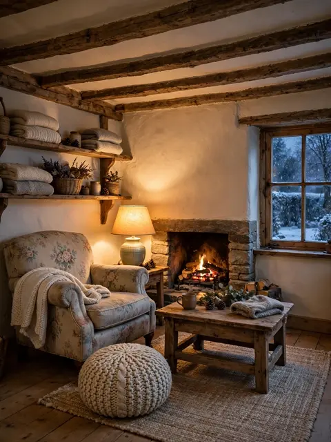 Warm lamplight and a glowing fireplace illuminate a rustic cottage living room on a snowy winter evening