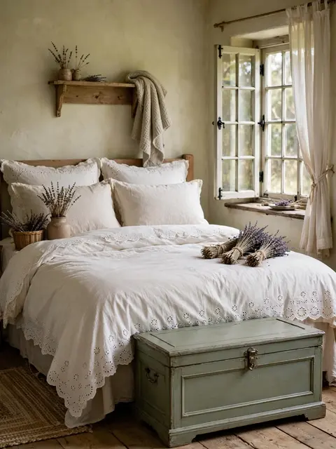 Sunlit cottagecore bedroom with eyelet bedding, dried lavender and a painted wooden chest beside a casement window