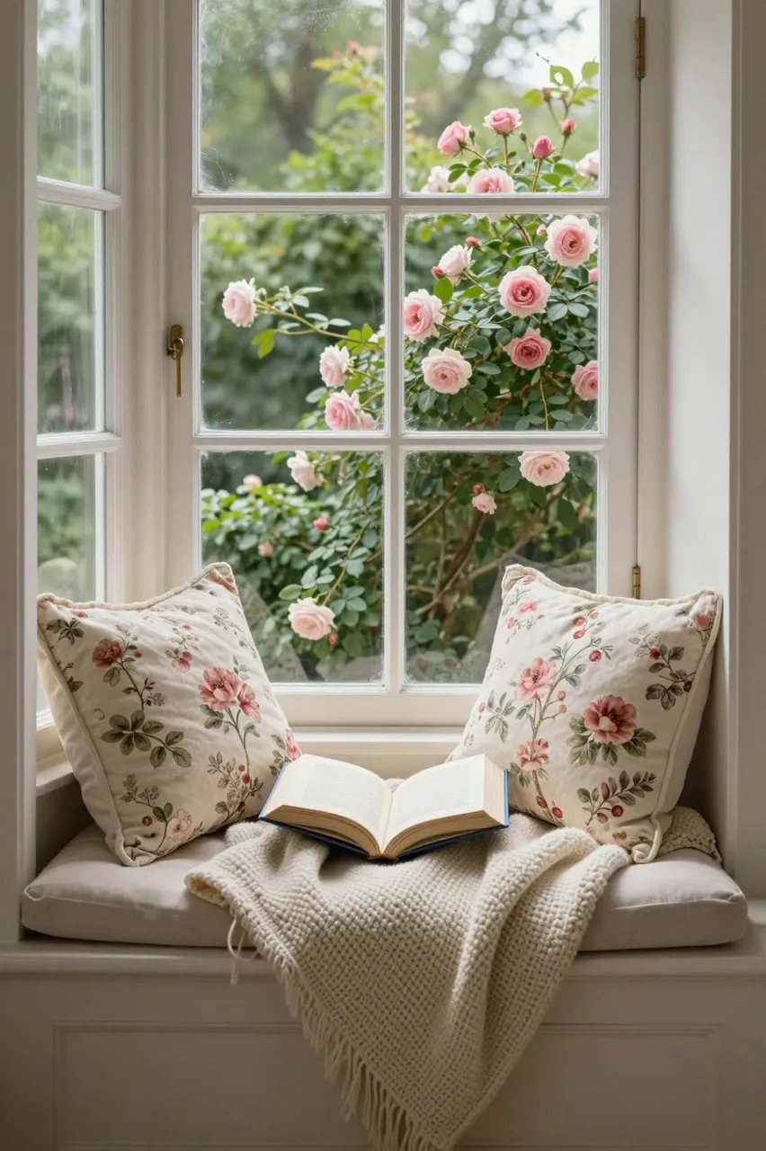 A sunlit window seat holds floral pillows, a knitted blanket, and an open book with climbing pink roses visible outside the