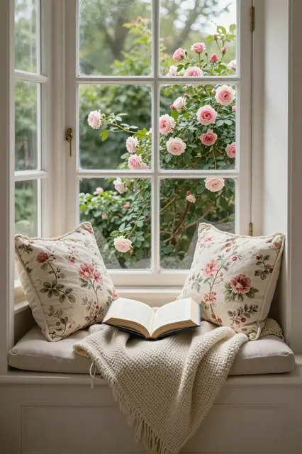 A sunlit window seat holds floral pillows, a knitted blanket, and an open book with climbing pink roses visible outside the
