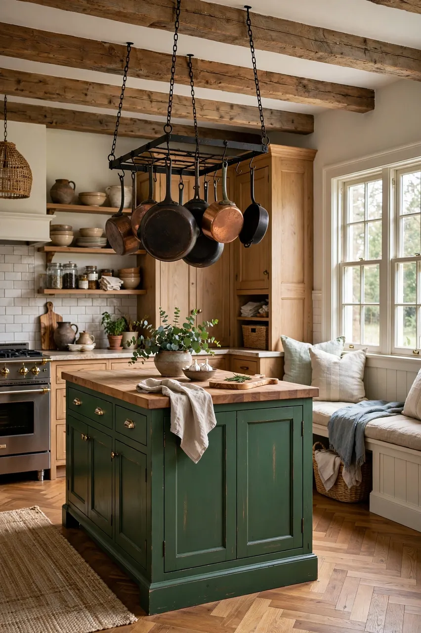 A country kitchen with a forest green island, hanging pot rack, exposed beams and a window seat bench.