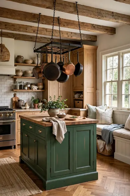 A country kitchen with a forest green island, hanging pot rack, exposed beams and a window seat bench.