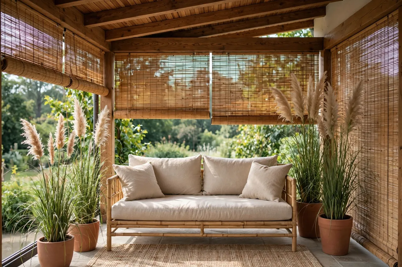 Covered wooden balcony with a bamboo sofa, linen cushions, bamboo blinds and potted pampas grass overlooking a garden.
