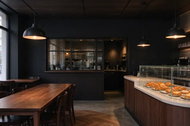 Warm pendant lights illuminate a modern cozy coffee shop with wooden tables and a pastry display case