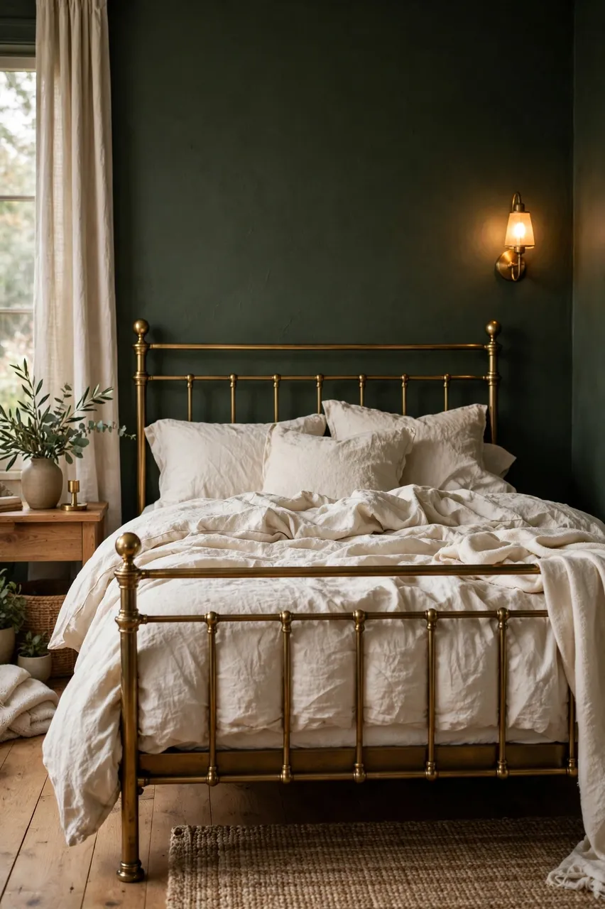 A cozy bedroom with dark moss green walls, a brass bed, rumpled cream linen and a lit brass wall sconce.