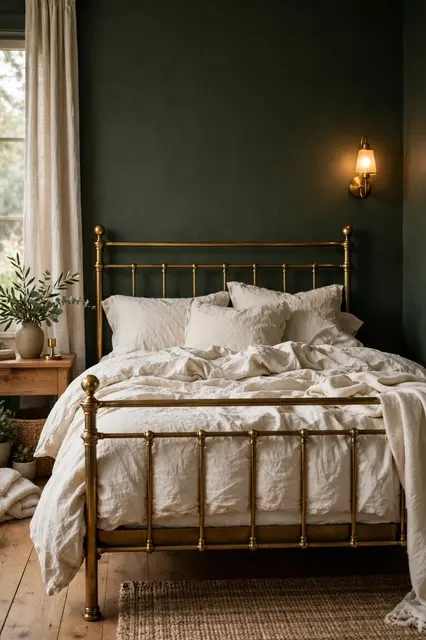 A cozy bedroom with dark moss green walls, a brass bed, rumpled cream linen and a lit brass wall sconce.