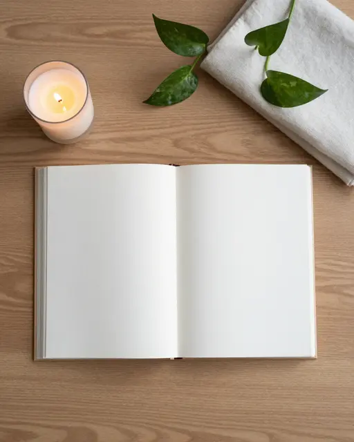 Top-down view of an open blank notebook, lit candle, folded linen and pothos cuttings on an oak desk