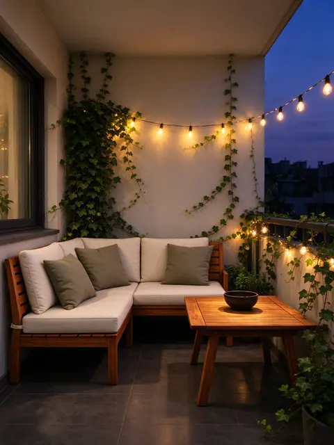 Small furnished apartment balcony with corner bench, teak table, trailing ivy and glowing string lights at twilight