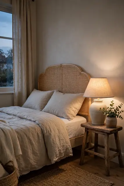 Softly lit small bedroom with cane headboard bed, ceramic lamp on vintage stool, and evening light through the window
