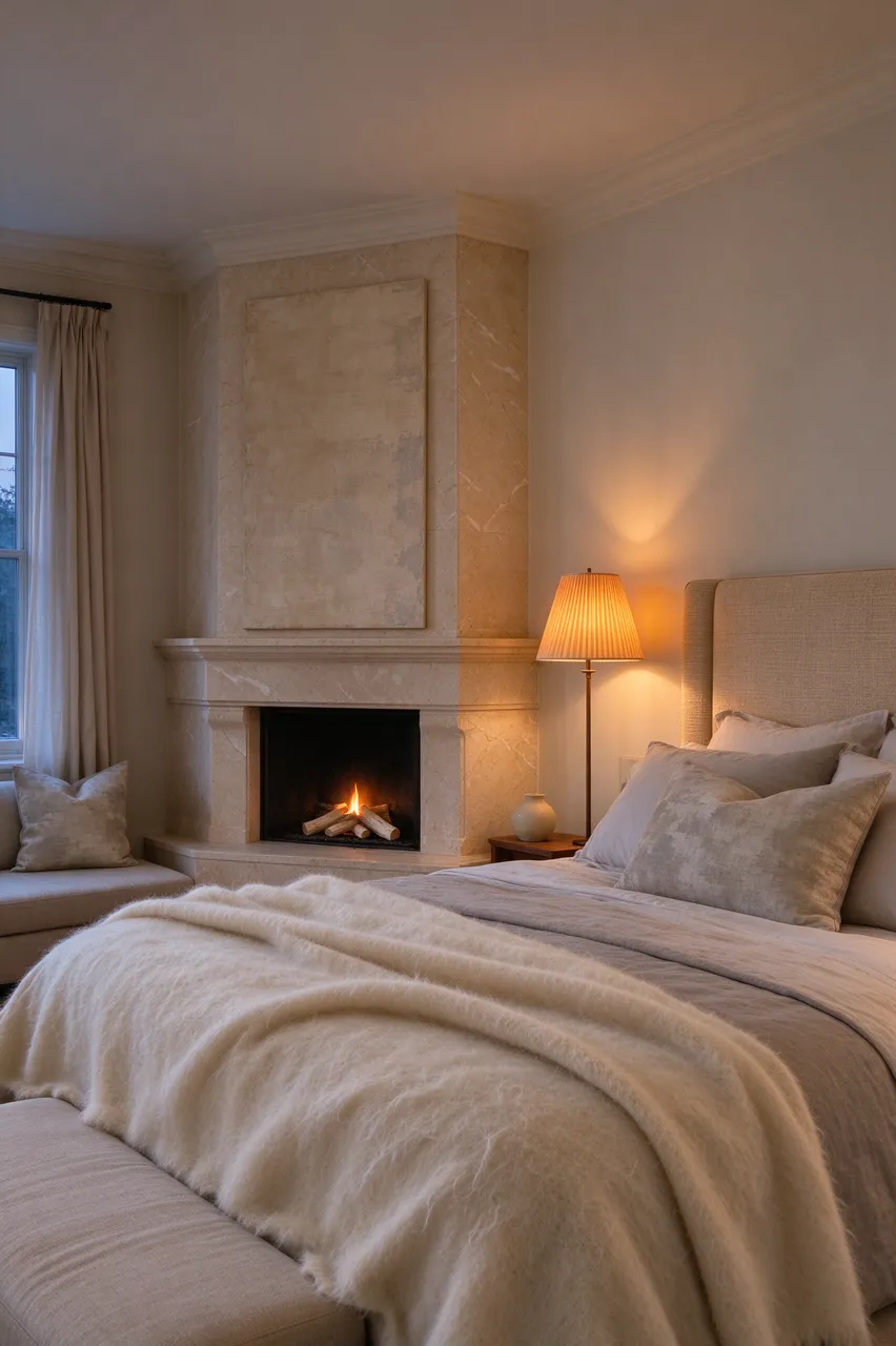 Warm glowing lamp and lit corner stone fireplace illuminate a cozy upholstered bed draped in a soft throw at dusk