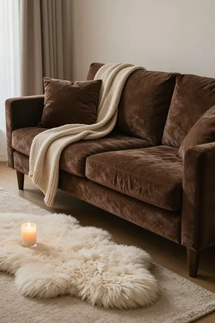 A deep brown velvet sofa with a knit throw sits beside a lit candle on a sheepskin rug at dusk