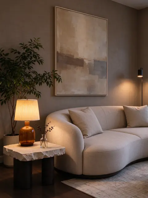 Curved oatmeal sofa next to a travertine side table and abstract wall art, lit by warm table lamps at dusk