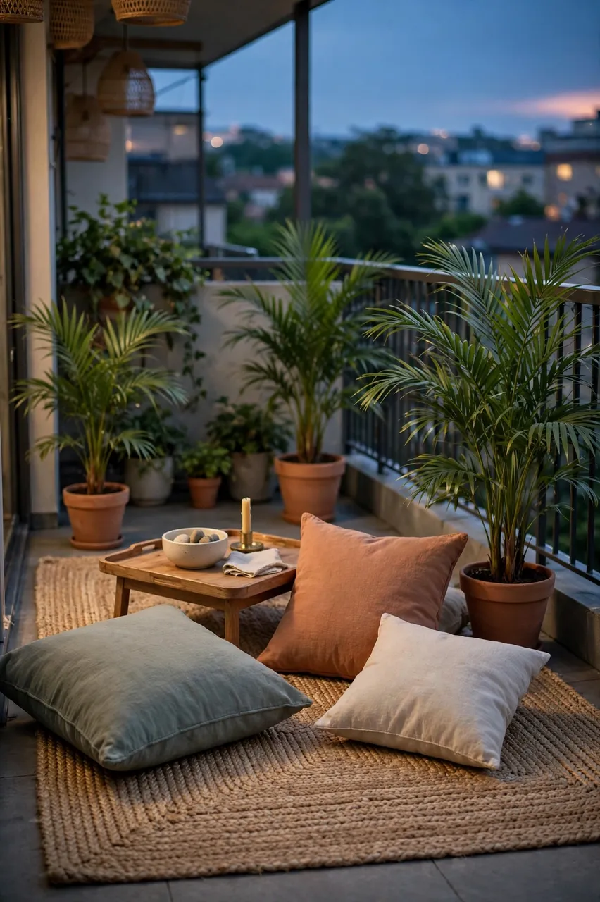 Stylish furnished apartment balcony with floor cushions, a jute rug, potted palms, and warm evening twilight light.