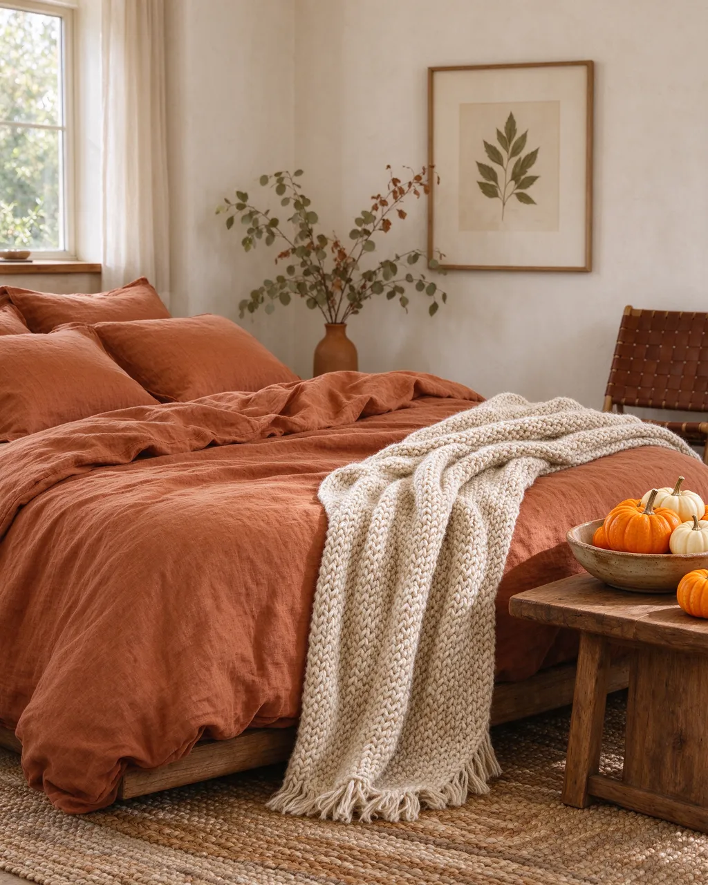 Warm fall themed bedroom with terracotta linen bedding, knit blanket and mini pumpkins on a wooden side table