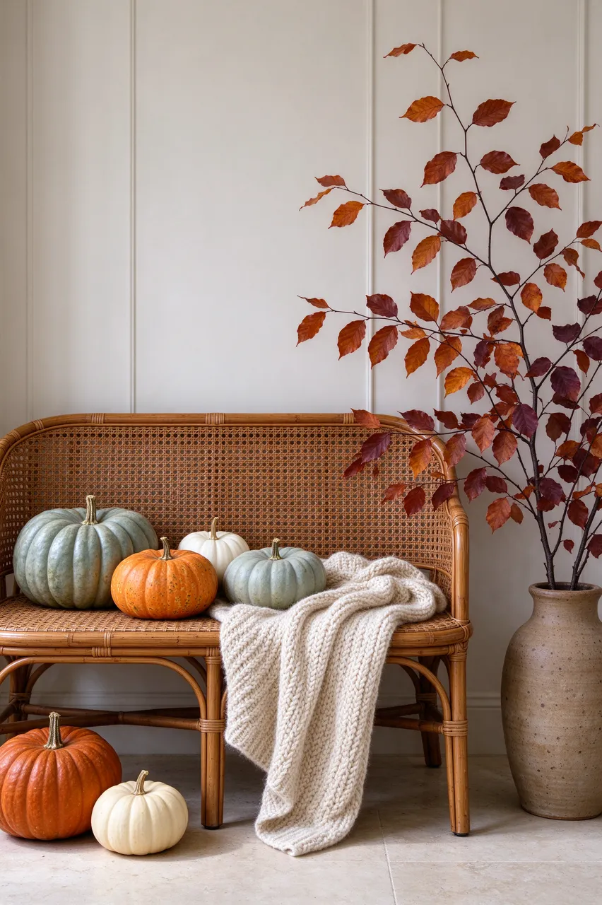 A rattan bench displays heirloom pumpkins and a knit throw beside a vase of autumn branches