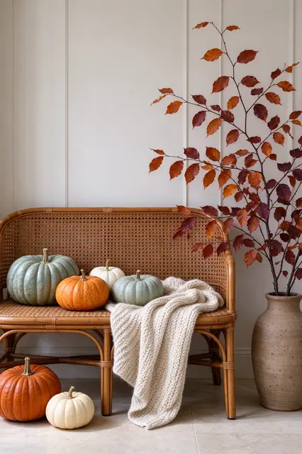 A rattan bench displays heirloom pumpkins and a knit throw beside a vase of autumn branches