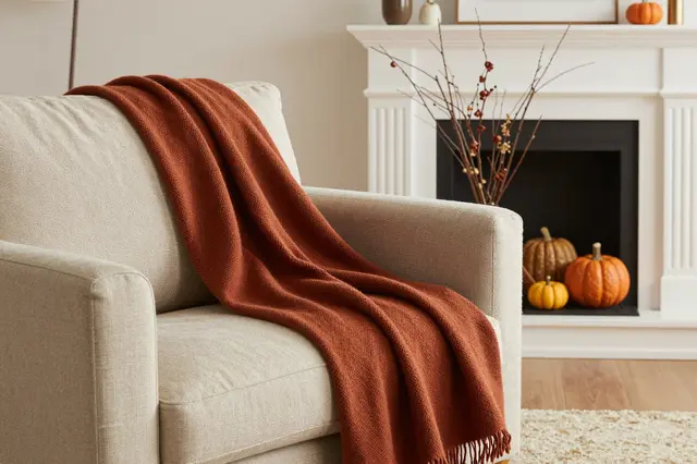 A linen armchair draped with a rust throw sits beside a white fireplace decorated with pumpkins and branches