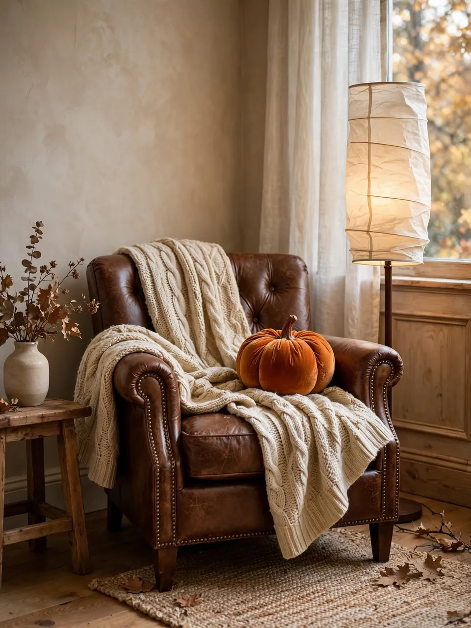 A tufted brown leather armchair draped with a knit throw, velvet pumpkin, and paper floor lamp in a sunlit autumn interior
