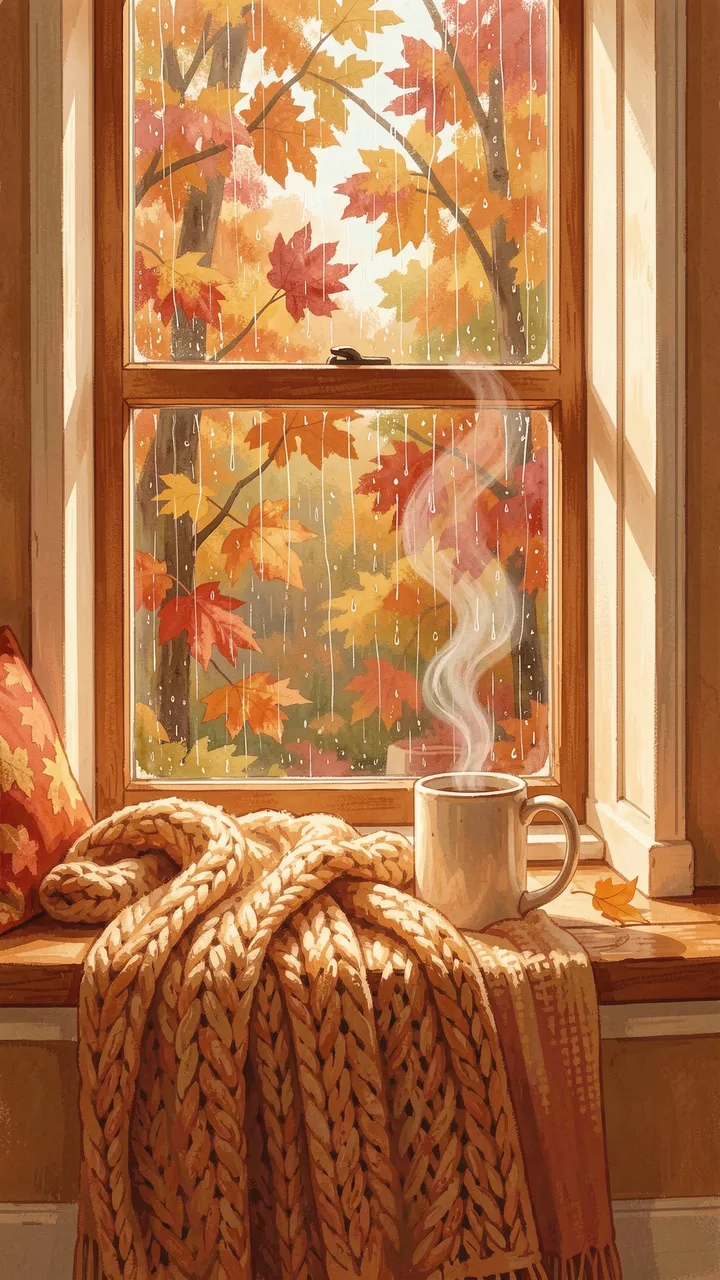 Wooden window seat with knit blanket, steaming mug, and rain falling on autumn trees outside the glass