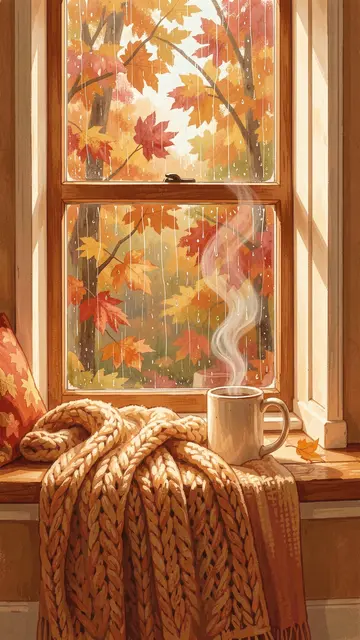 Wooden window seat with knit blanket, steaming mug, and rain falling on autumn trees outside the glass