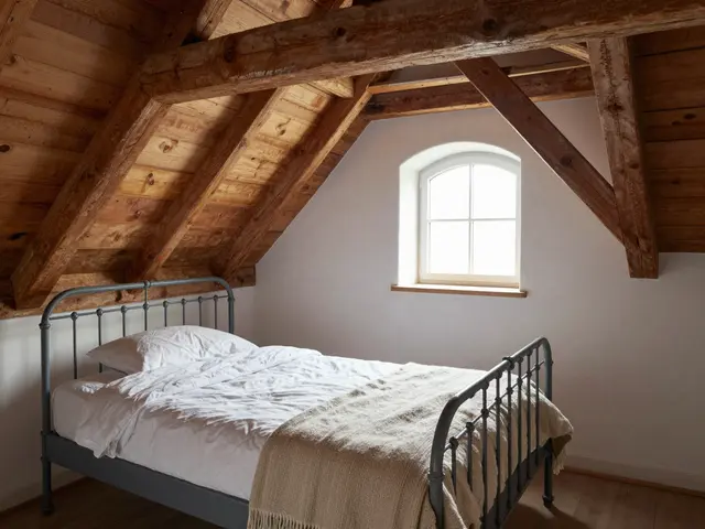 Sunlit attic guest room with exposed wooden beams, metal bed and small arched window