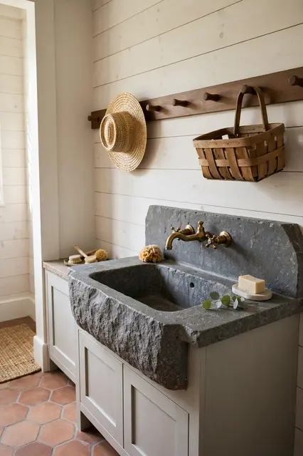 A rustic stone mudroom sink sits below a wooden peg rail with a straw hat and woven basket