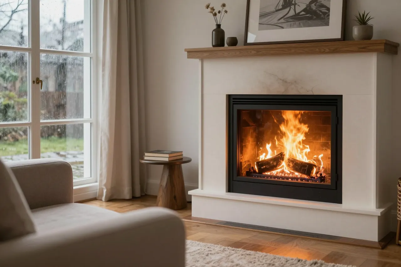 Warm fire burns in a modern fireplace beside a rainy window in a soft cozy living room
