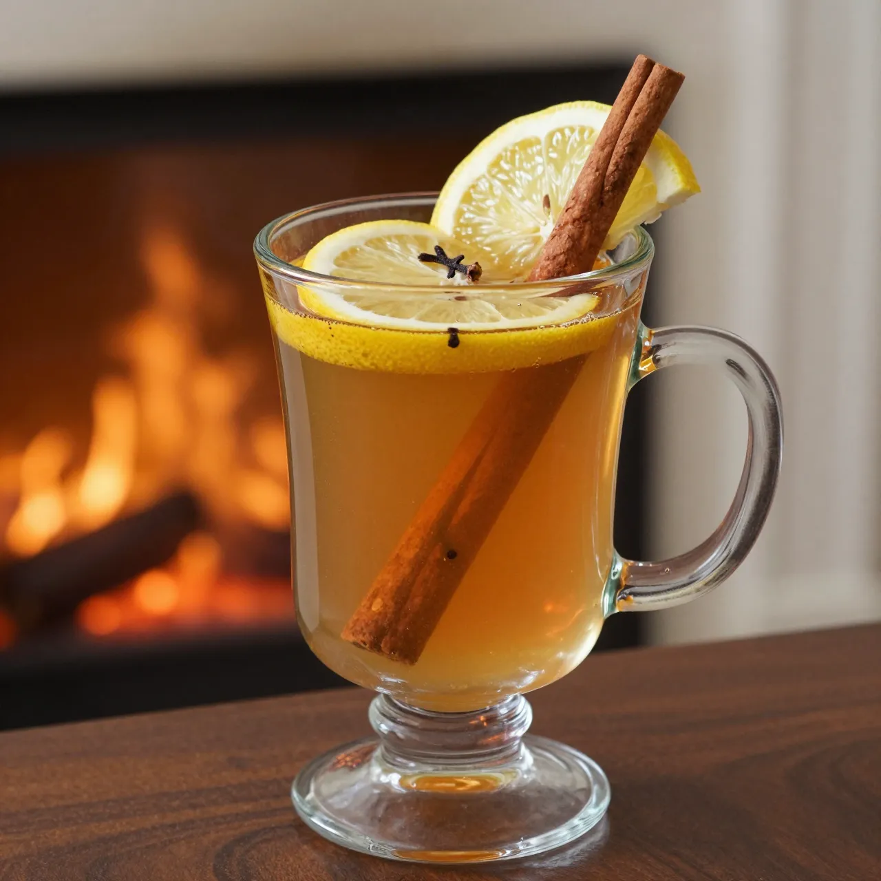 Glass mug of hot toddy garnished with lemon, cloves and cinnamon next to a burning fireplace