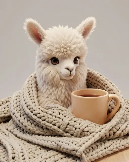 A fluffy white 3D alpaca sits wrapped in a chunky knitted blanket next to a warm ceramic mug of hot drink.