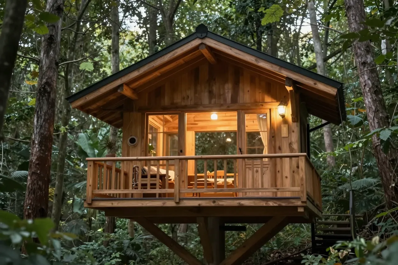 Warm lit wooden treehouse cabin sits nestled among dense green forest trees at dusk